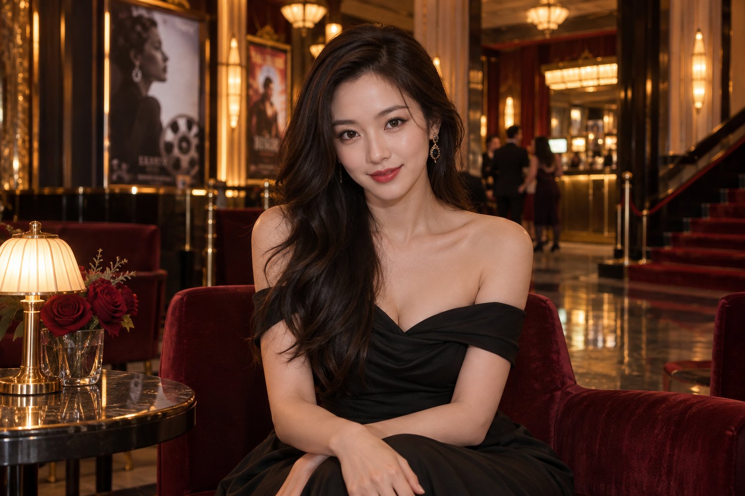 影院暖光中的黑裙成年女性写真