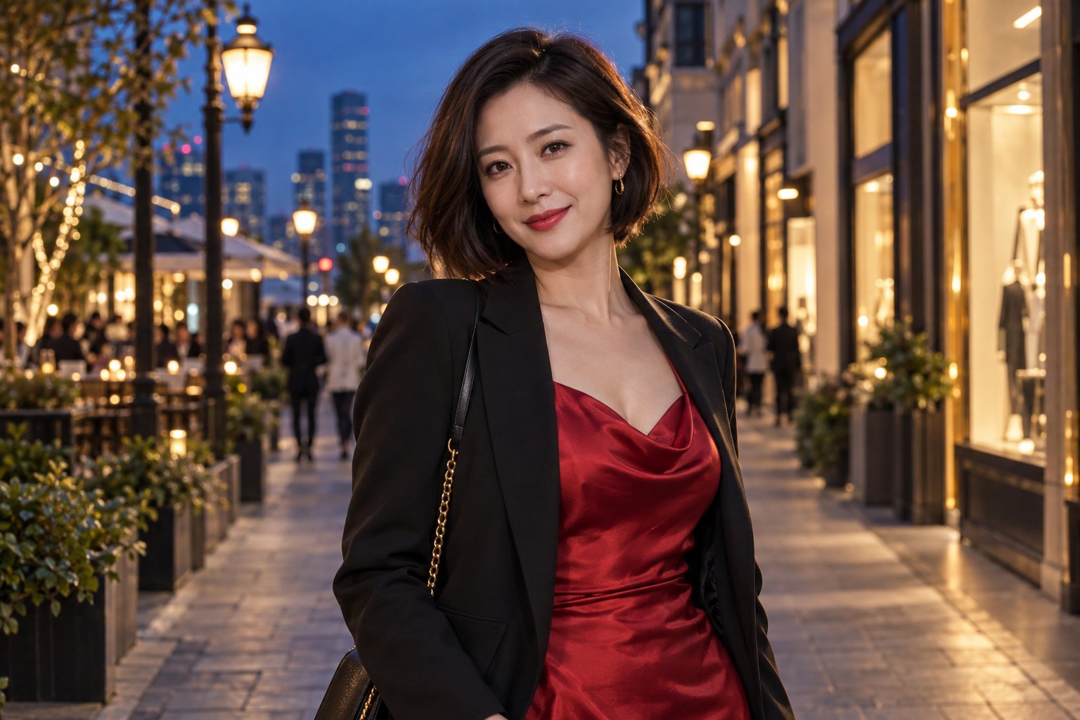 暮色街头红裙黑外套成年女性写真
